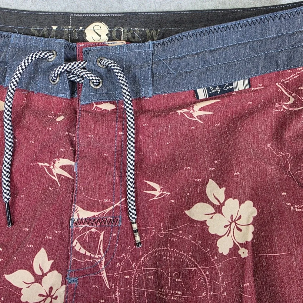 Salty Crew Seaboard Deck Shorts Men's‎ Size 32 Swim Trunks Maroon Floral Map